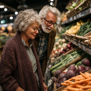 Adulti maturi che preparano insieme un pasto sano e colorato in una cucina luminosa